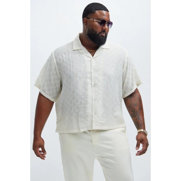 Alabastar Jacquard Button Up Short Sleeve Shirt Cream Men's - Picture 6 of 7